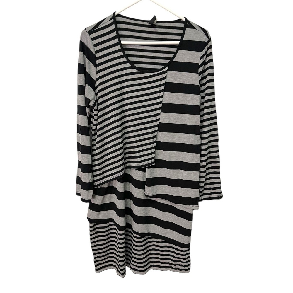 *Ravel Large Gray/Black Striped Knit Dress Casual Goth Stretch‎ Poly Blend